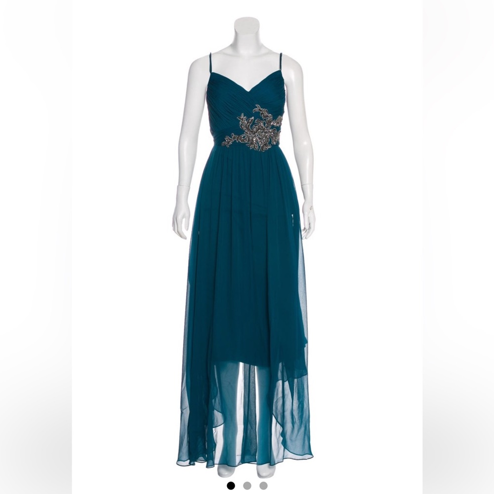 🔥Marchesa Notte Teal silk gown embroidered sequins maxi 6